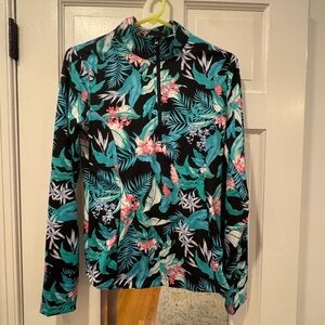 Tommy Bahama Golf Teal and Pink Floral Half-Zip Pullover
